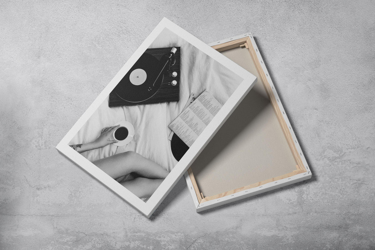 Vinyl Player Morning Print , Record Canvas Print, Black & White Art, Framed Poster