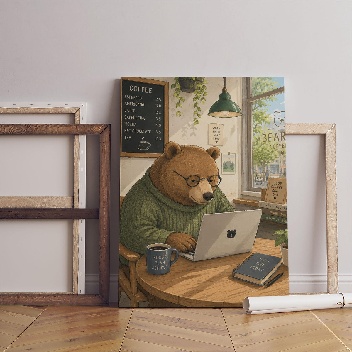 Bear Working on Laptop Canvas Art Print, Coffee Shop Scene Wall Decor