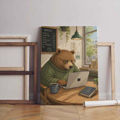 Bear Working on Laptop Canvas Art Print, Coffee Shop Scene Wall Decor