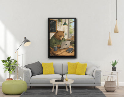 Bear Working on Laptop Canvas Art Print, Coffee Shop Scene Wall Decor