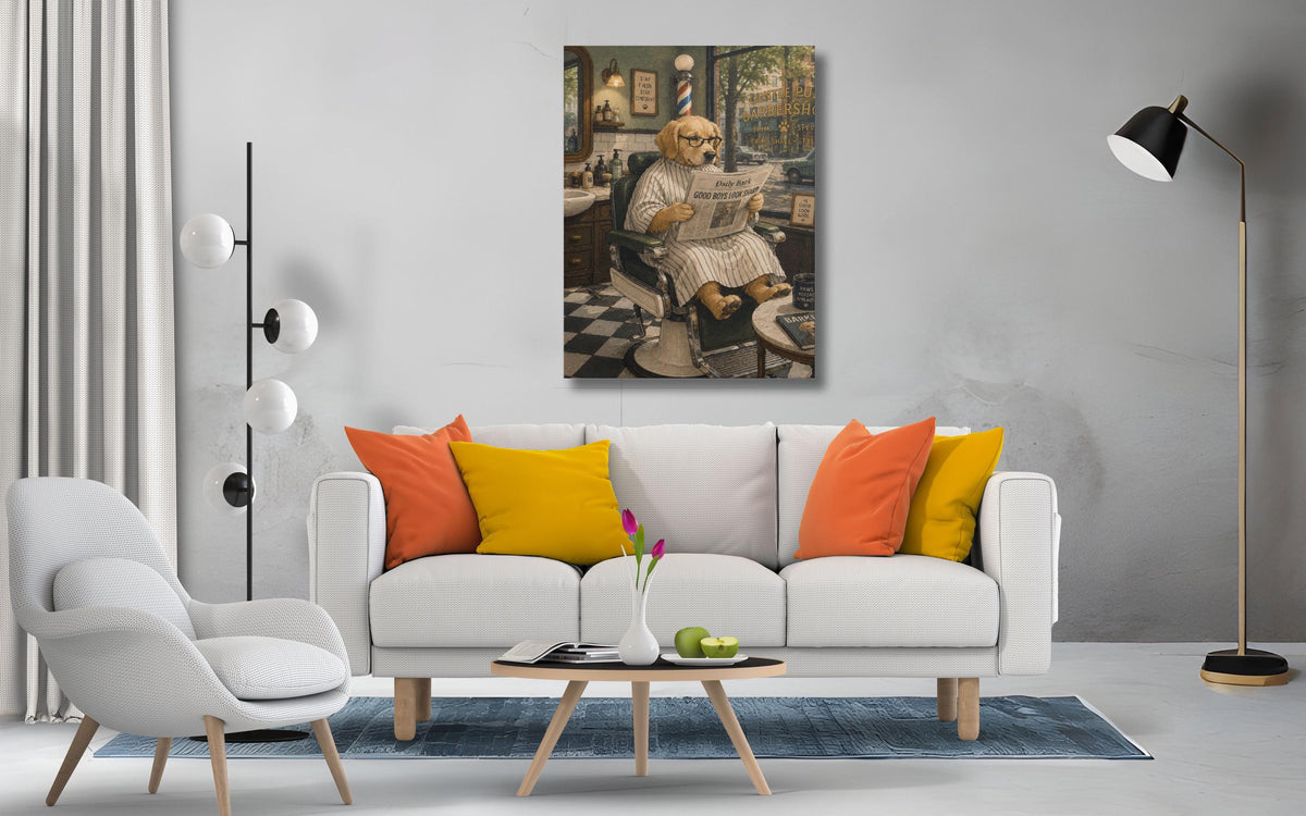 Gazete Okuyan Golden Retriever Köpek Kanvas Tablo, Berber Dükkanı Sanat Posteri