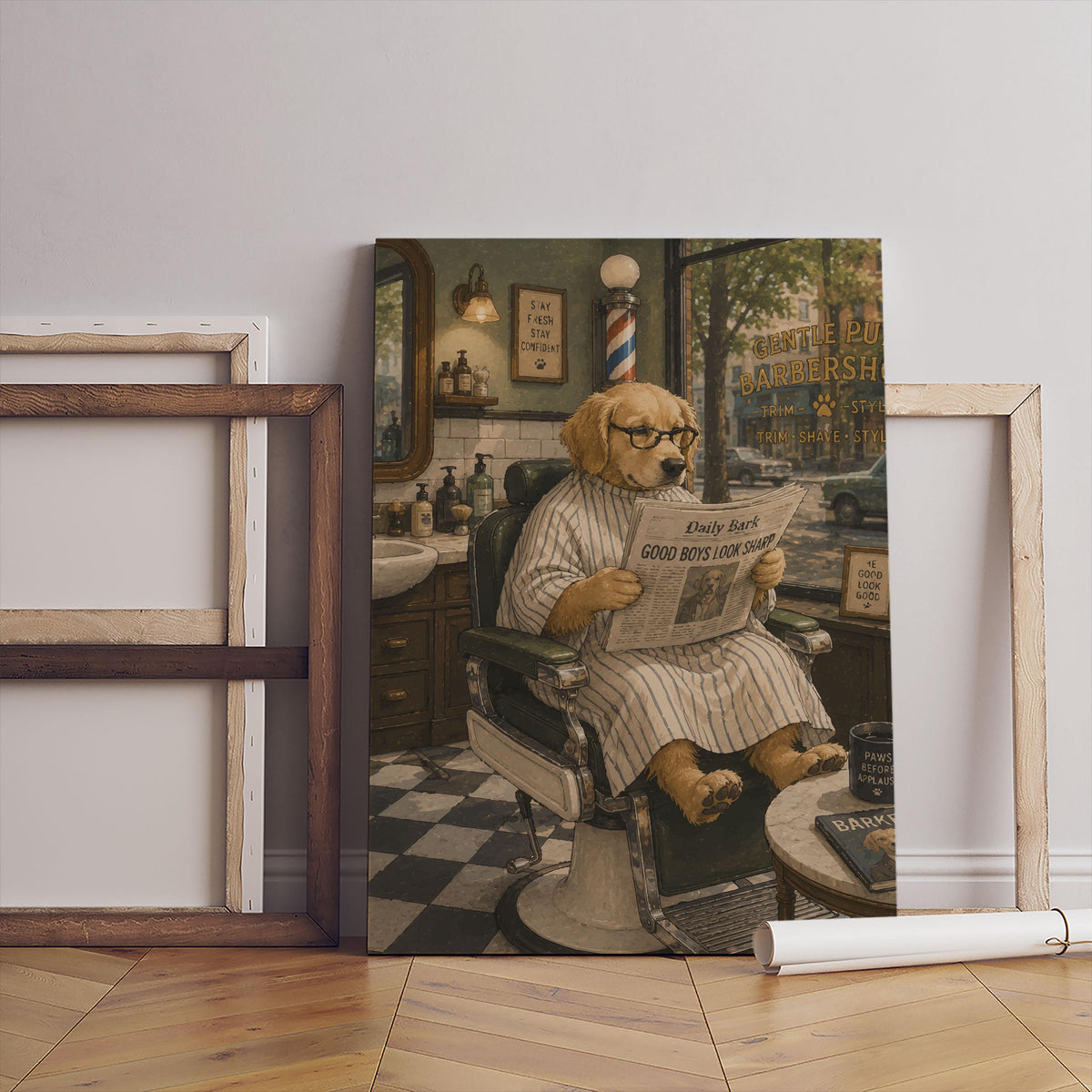 Gazete Okuyan Golden Retriever Köpek Kanvas Tablo, Berber Dükkanı Sanat Posteri