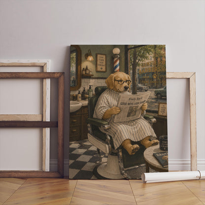 Gazete Okuyan Golden Retriever Köpek Kanvas Tablo, Berber Dükkanı Sanat Posteri