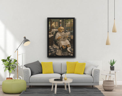 Gazete Okuyan Golden Retriever Köpek Kanvas Tablo, Berber Dükkanı Sanat Posteri