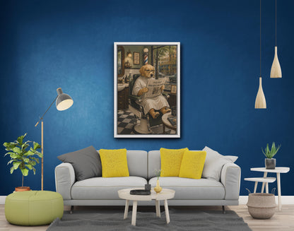 Gazete Okuyan Golden Retriever Köpek Kanvas Tablo, Berber Dükkanı Sanat Posteri
