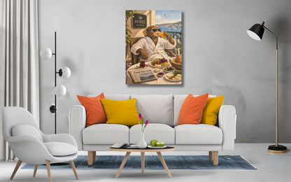 Monkeys Hotel Breakfast Canvas Print, Wall Art, Black White Frame