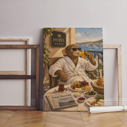 Monkeys Hotel Breakfast Canvas Print, Wall Art, Black White Frame
