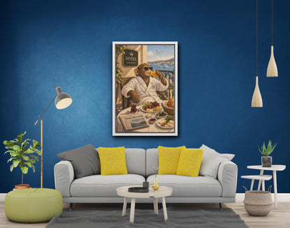 Monkeys Hotel Breakfast Canvas Print, Wall Art, Black White Frame