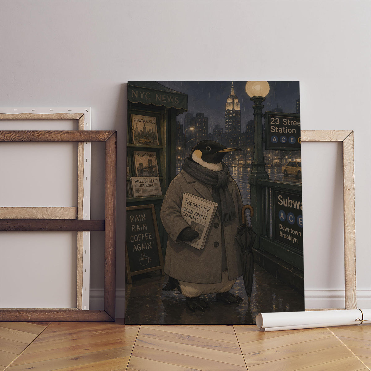 Penguin in the City, Wall Decor Canvas and Poster Black White Frame