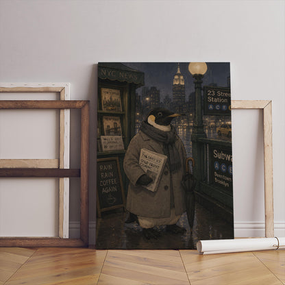 Penguin in the City, Wall Decor Canvas and Poster Black White Frame