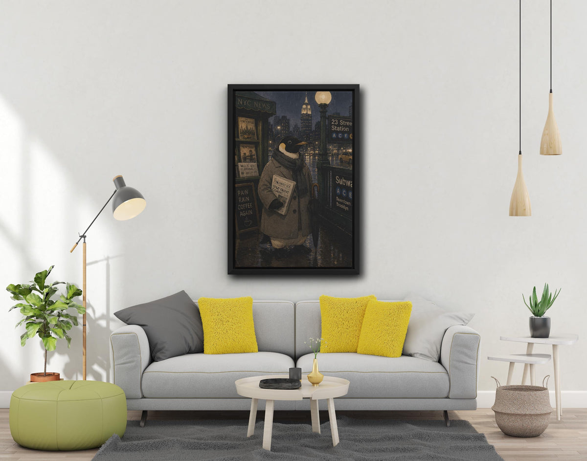 Penguin in the City, Wall Decor Canvas and Poster Black White Frame