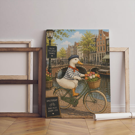 Duck Riding Bicycle Amsterdam Canvas Print, Whimsical Wall Art