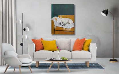 Koltukta Uyuyan Sevimli Köpek, Siyah Beyaz Çerçeveli Baskı, Ev Dekorasyonu Sanatı
