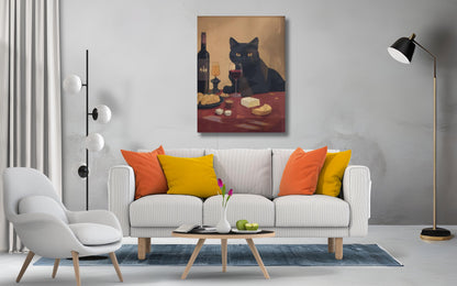Minimalist Black Cat Wine Art Print, Modern Canvas Wall Decor