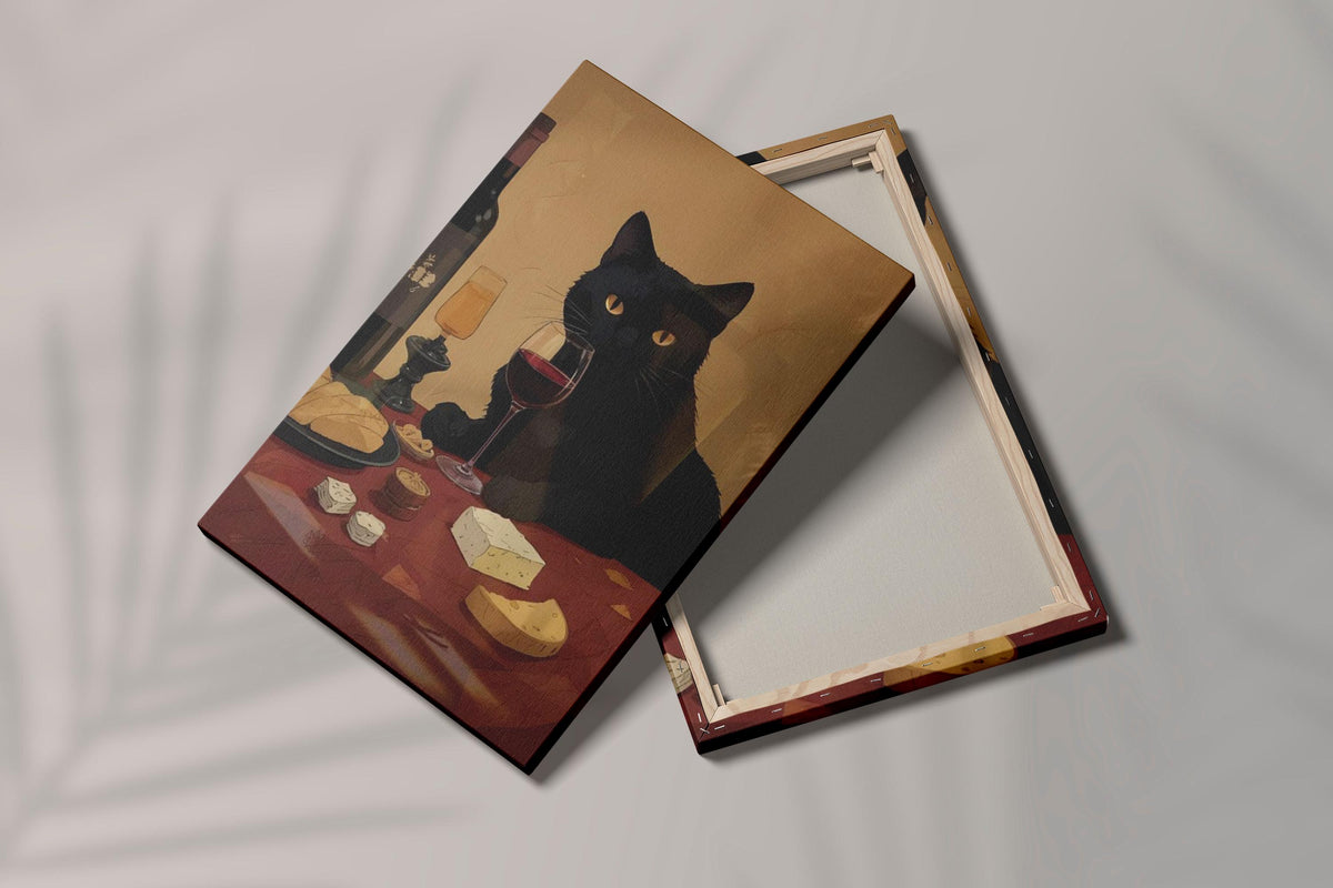 Minimalist Black Cat Wine Art Print, Modern Canvas Wall Decor