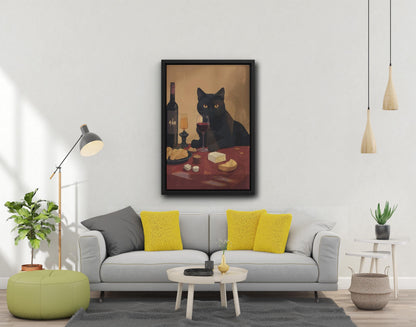 Minimalist Black Cat Wine Art Print, Modern Canvas Wall Decor