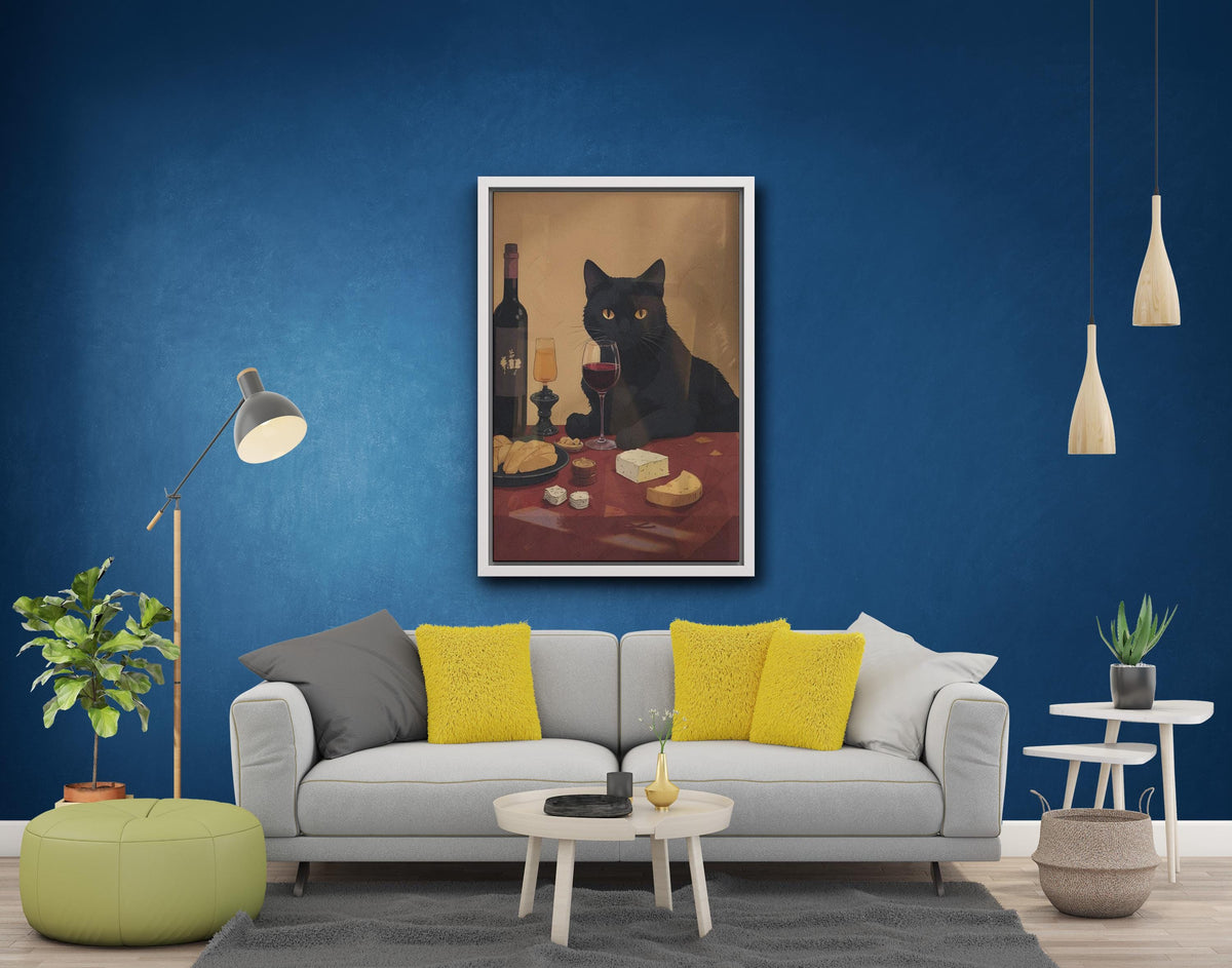 Minimalist Black Cat Wine Art Print, Modern Canvas Wall Decor