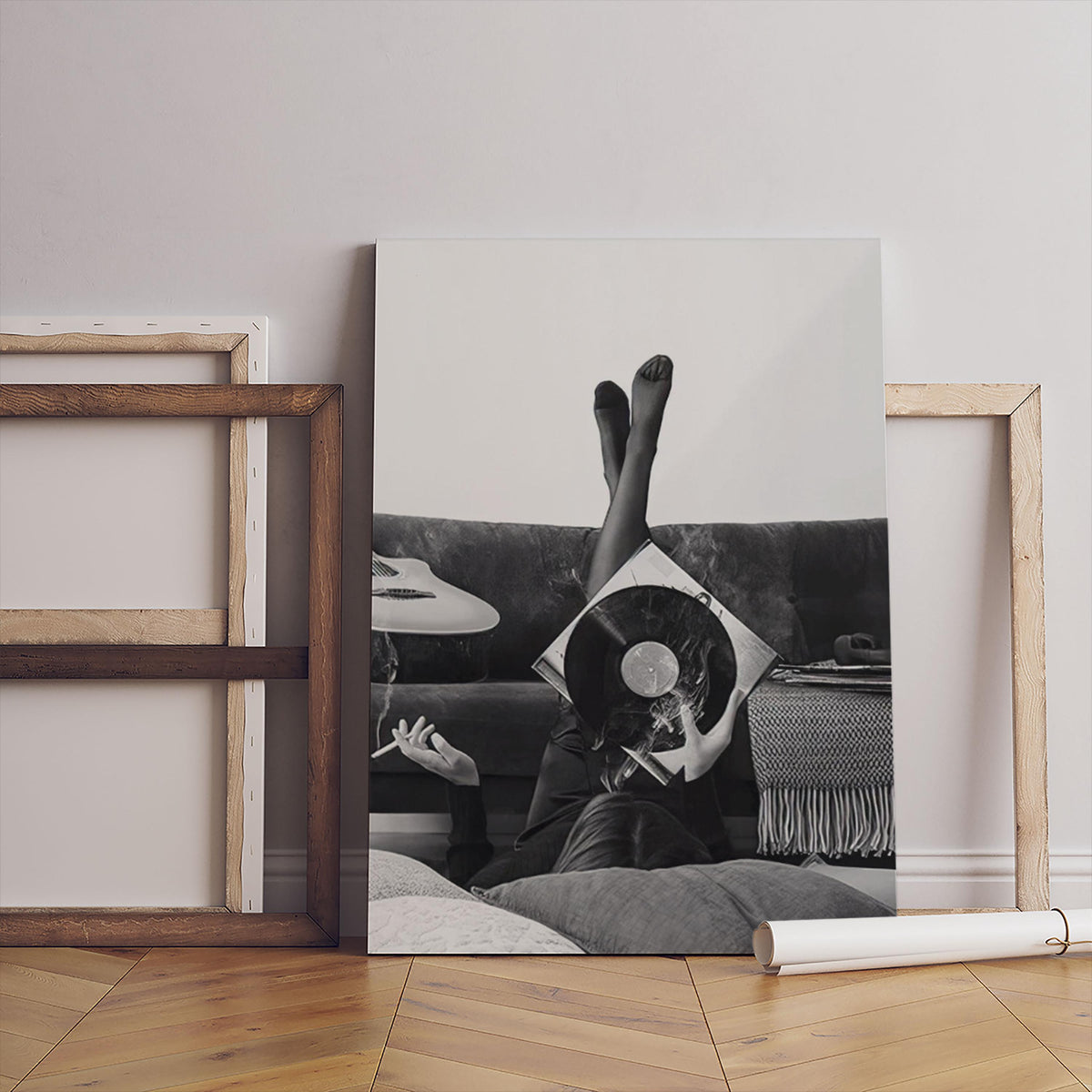 Smoky Vinyl Record Canvas Print, Black & White Art, Framed Poster