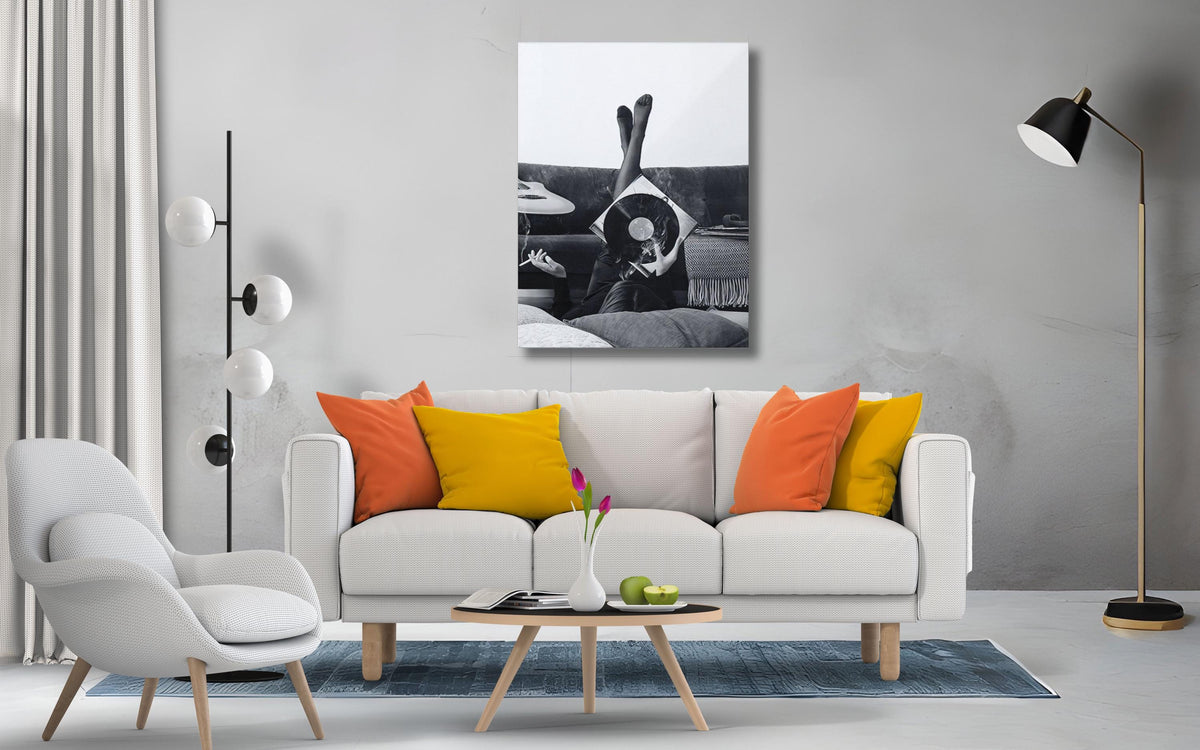 Smoky Vinyl Record Canvas Print, Black & White Art, Framed Poster
