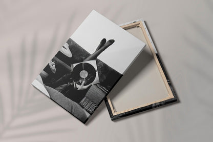 Smoky Vinyl Record Canvas Print, Black & White Art, Framed Poster