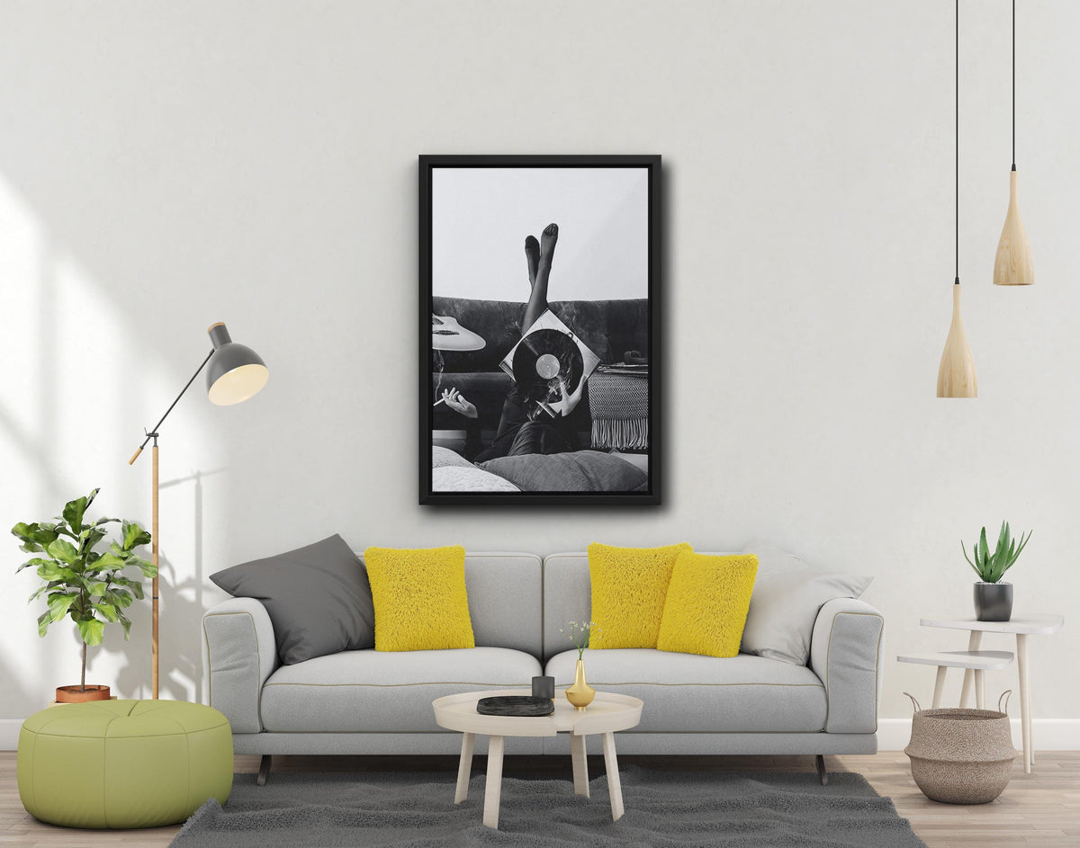 Smoky Vinyl Record Canvas Print, Black & White Art, Framed Poster