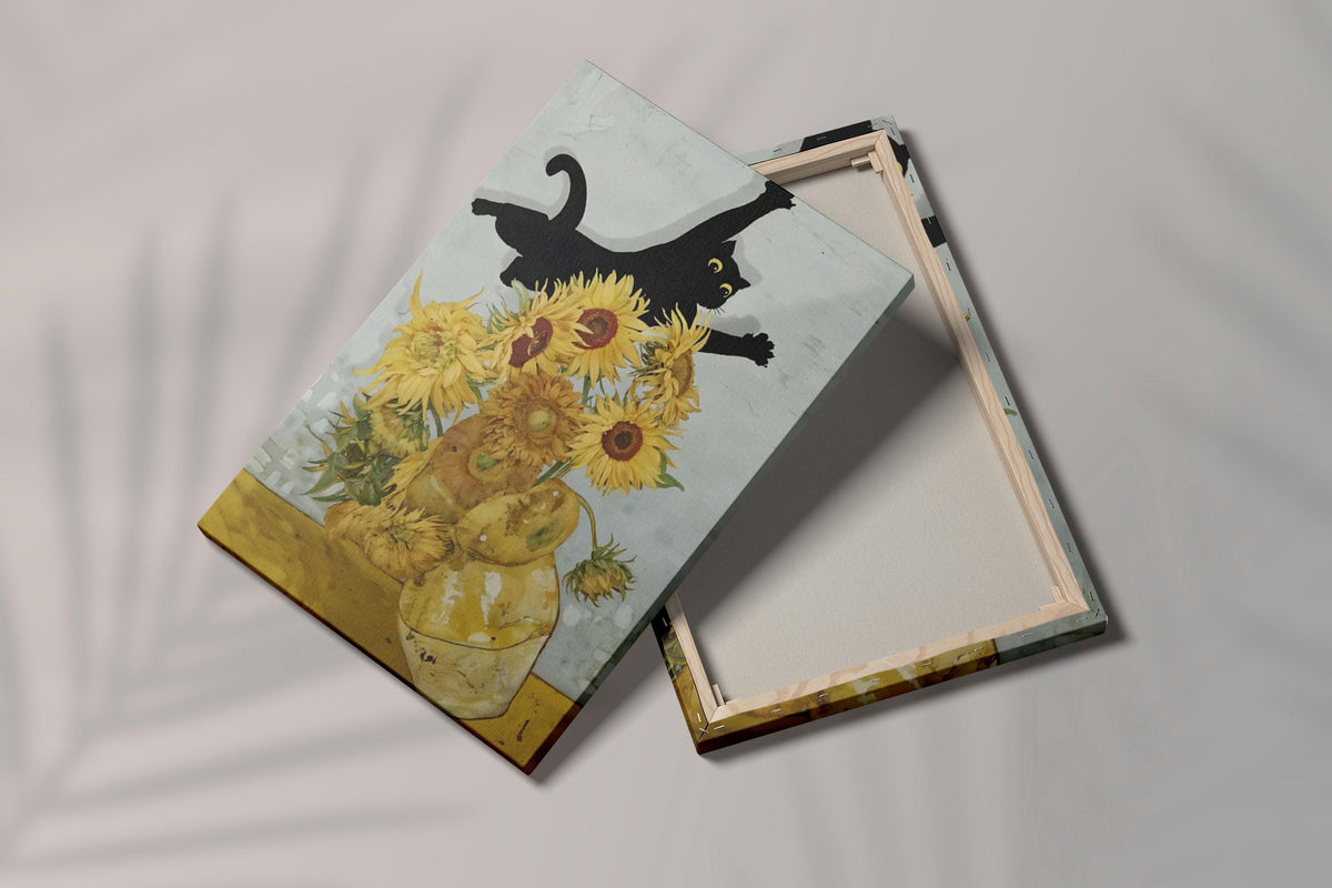 Van Gogh Cat Print Canvas, Sunflowers Wall Art, Black White Frame Home Decor