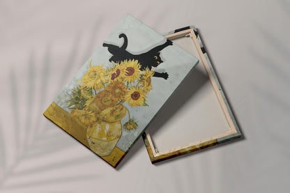 Van Gogh Cat Print Canvas, Sunflowers Wall Art, Black White Frame Home Decor