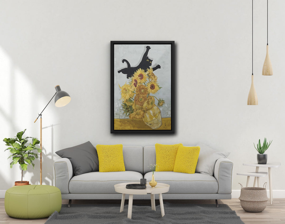 Van Gogh Cat Print Canvas, Sunflowers Wall Art, Black White Frame Home Decor