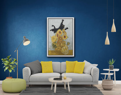 Van Gogh Cat Print Canvas, Sunflowers Wall Art, Black White Frame Home Decor