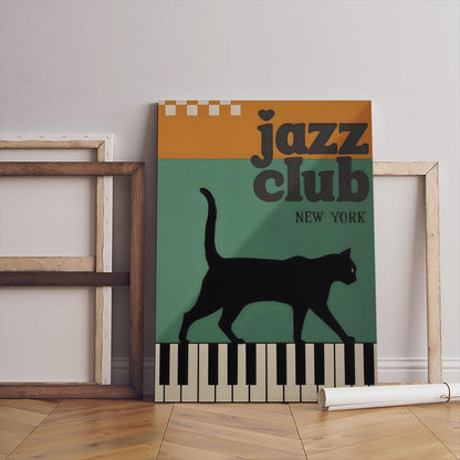 Jazz Club Cat Canvas Print, Black Cat Piano Keys Wall Art (New York)