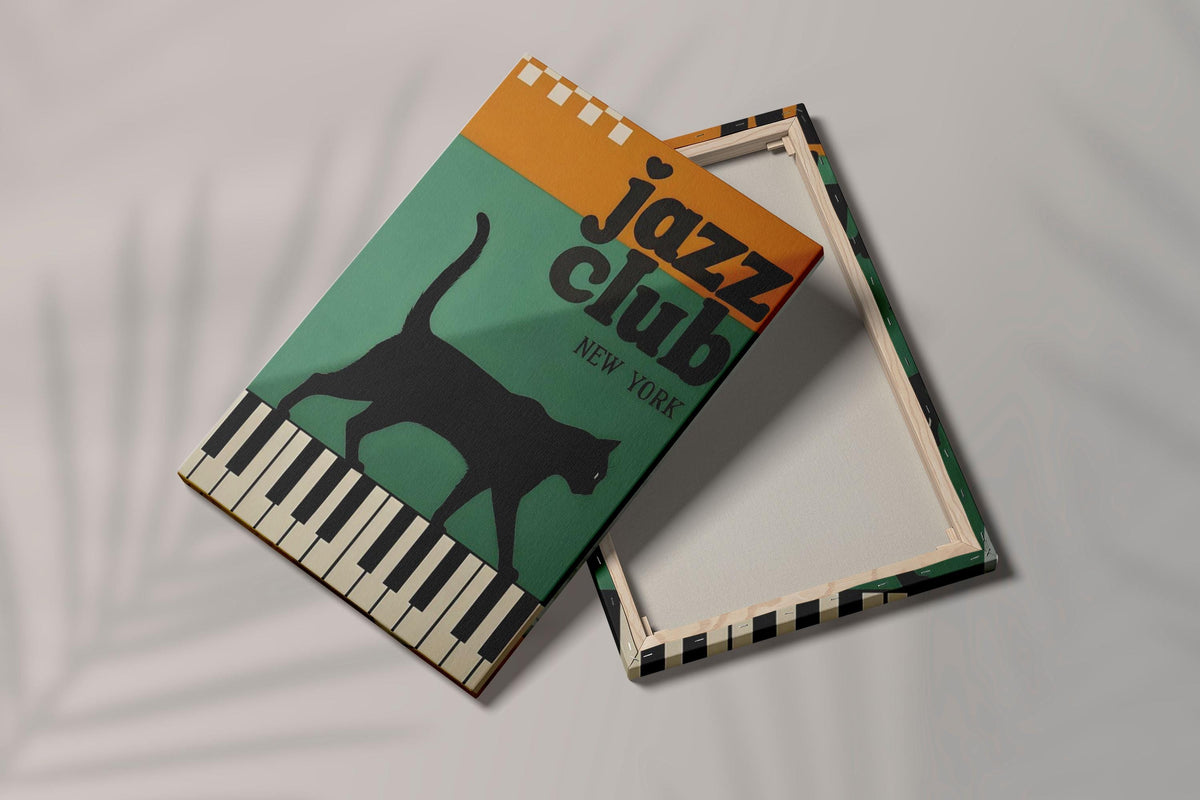 Jazz Club Cat Canvas Print, Black Cat Piano Keys Wall Art (New York)