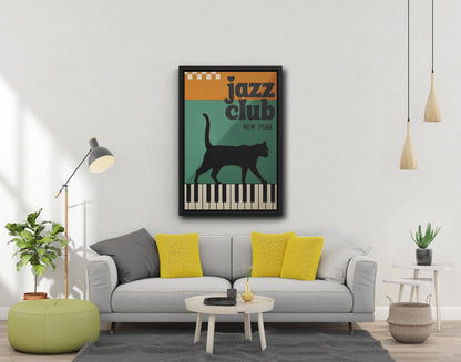 Jazz Club Cat Canvas Print, Black Cat Piano Keys Wall Art (New York)