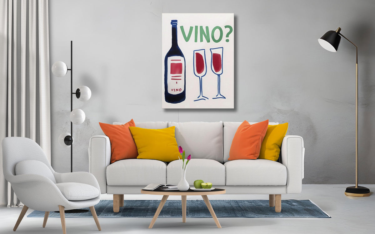 Vino Bottle and Glasses Canvas Print, Black White Wine Artwork, Wall Decor Poster