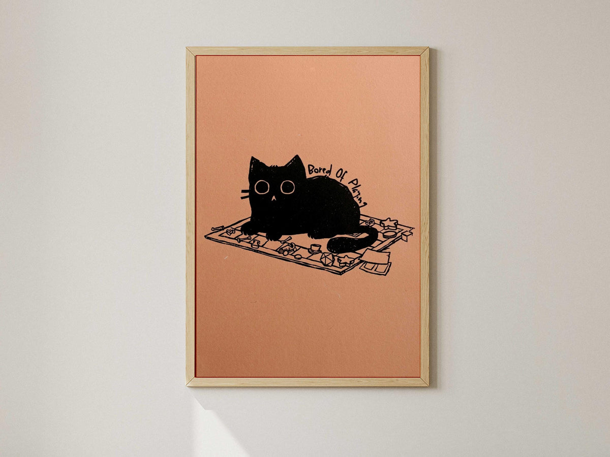Black Cat Board Game Lover Art Print, Minimalist Wall Decor (Physical Print)