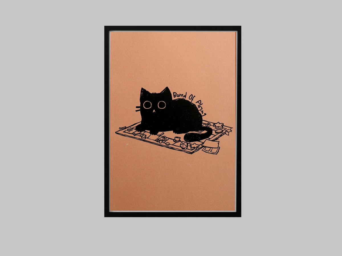 Black Cat Board Game Lover Art Print, Minimalist Wall Decor (Physical Print)