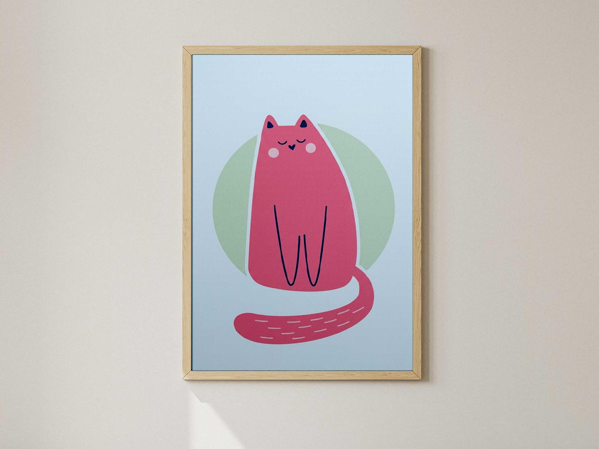 Pink Cat Illustration Poster, Minimalist Animal Print, Girls Room Decor (Physical Print)