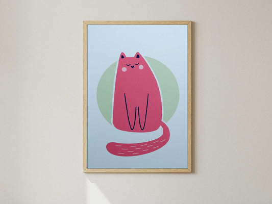 Pink Cat Illustration Poster, Minimalist Animal Print, Girls Room Decor (Physical Print)