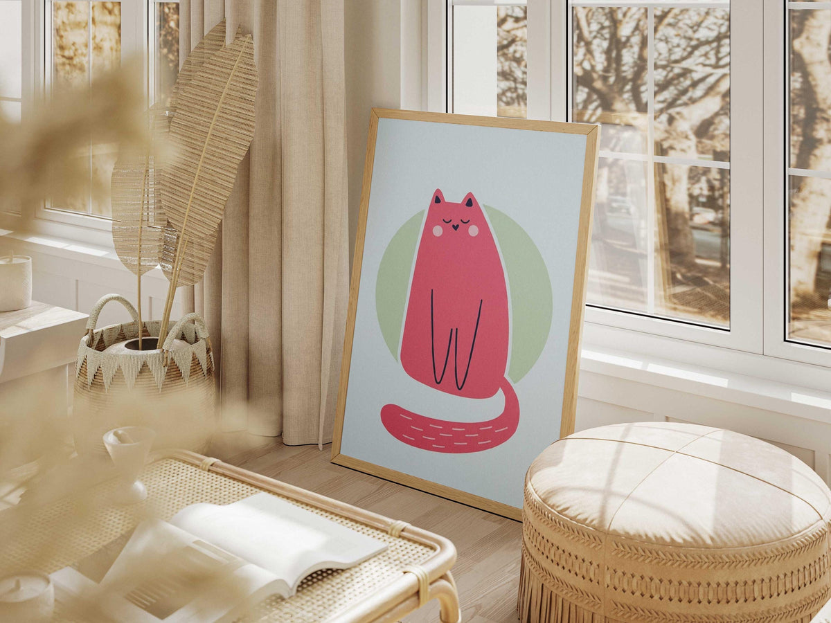 Pink Cat Illustration Poster, Minimalist Animal Print, Girls Room Decor (Physical Print)