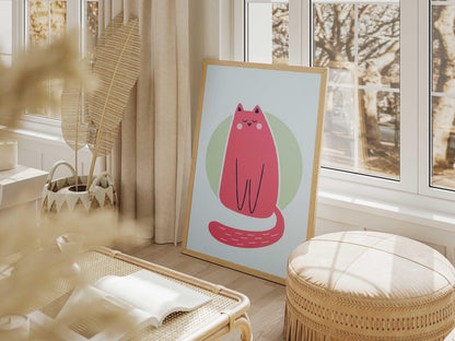 Pink Cat Illustration Poster, Minimalist Animal Print, Girls Room Decor (Physical Print)