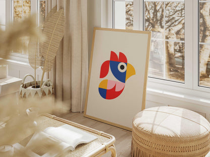 Modern Abstract Rooster Poster, Terracotta Animal Wall Art, Mid Century Geometric Bird Print