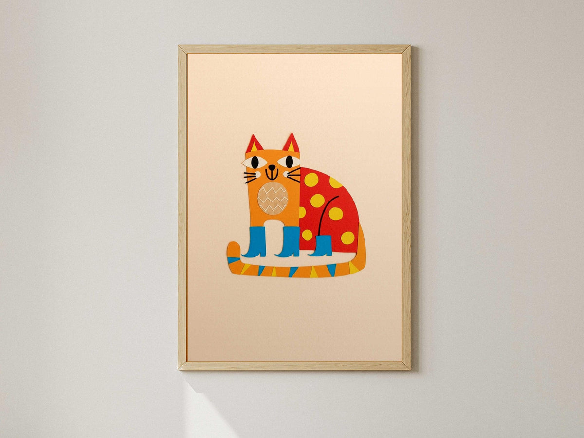 Abstract Cat in Blue Boots Art Print, Minimalist Colorful Animal Poster (Digital Download)