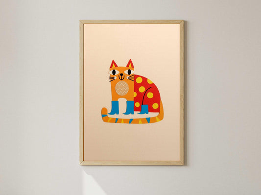 Abstract Cat in Blue Boots Art Print, Minimalist Colorful Animal Poster (Digital Download)