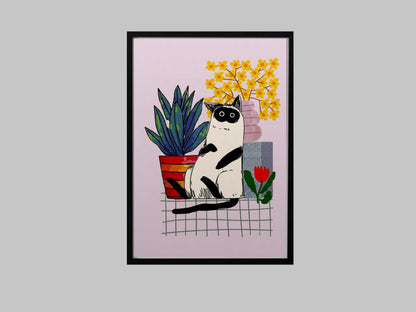 Funny Black and White Cat Illustration, Minimalist Quirky Animal Poster (Digital Download)