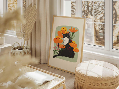 Grumpy Black Cat Art Print, Minimalist Floral Wall Decor (Physical Print)