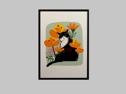 Grumpy Black Cat Art Print, Minimalist Floral Wall Decor (Physical Print)