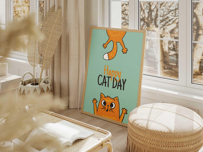 Happy Cat Day Art Print, Smiling Cat Wall Decor (Physical Print)