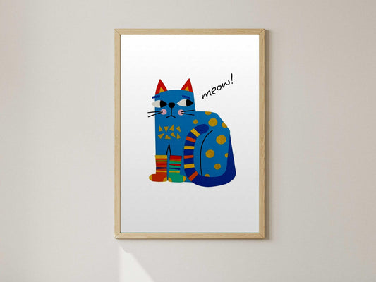Minimalist Blue Cat Poster, Meow Quote, Danish Pastel Wall Art (Physical Print)