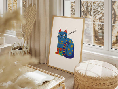 Minimalist Blue Cat Poster, Meow Quote, Danish Pastel Wall Art (Physical Print)