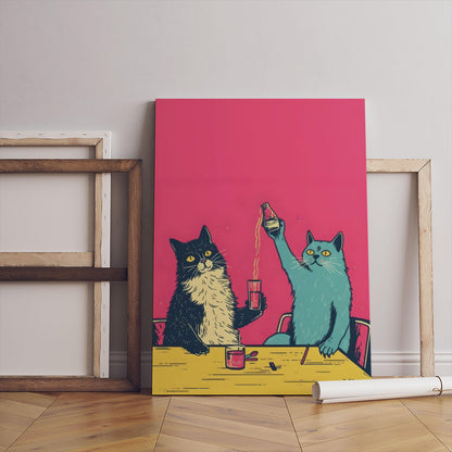 Funny Cat Drinking Poster, Black White Frame Wall Art (Canvas Print)