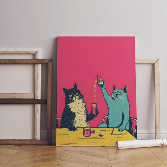 Funny Cat Drinking Poster, Black White Frame Wall Art (Canvas Print)